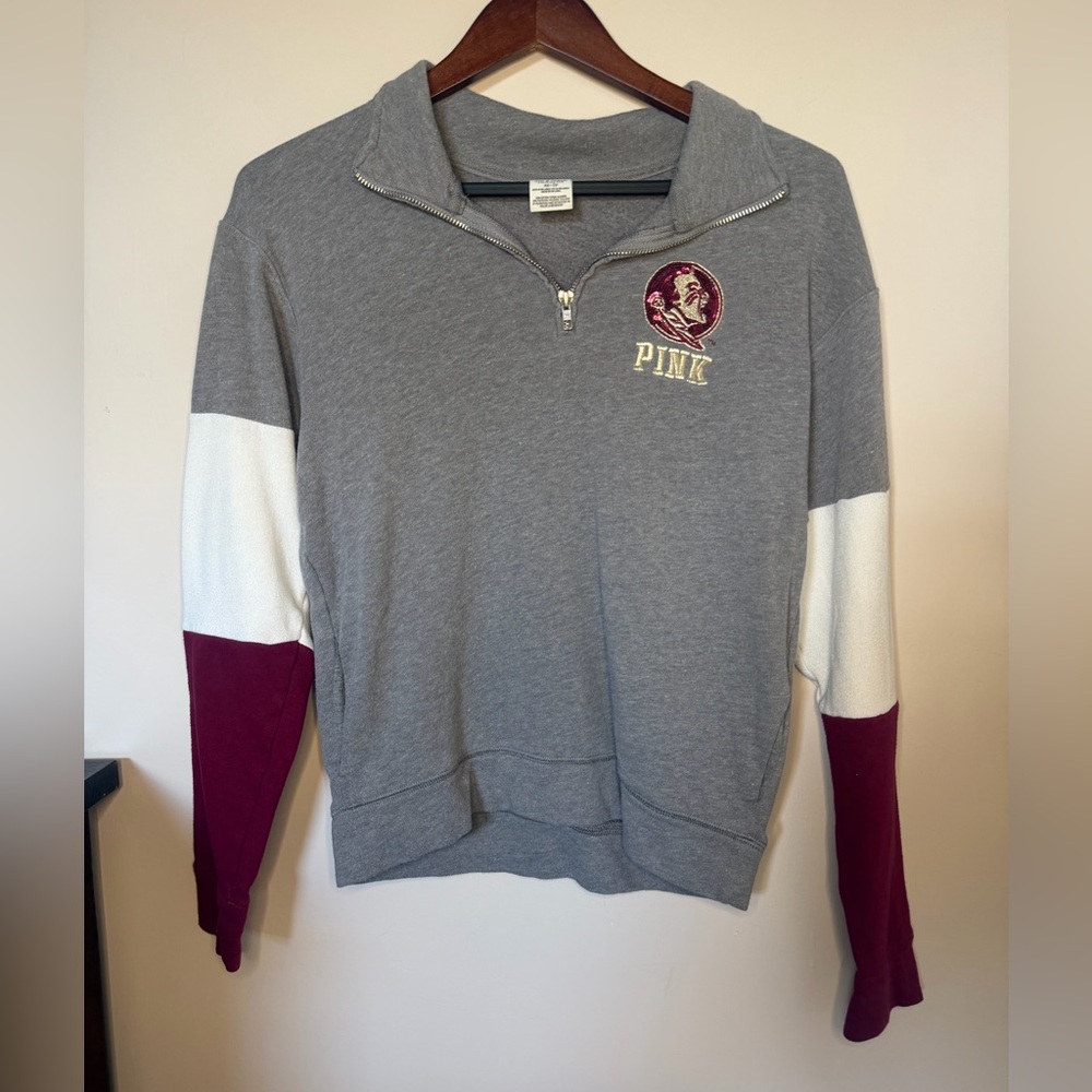 PINK Victoria's Secret Gray, White & Burgundy Half-Zip Sweatshirt